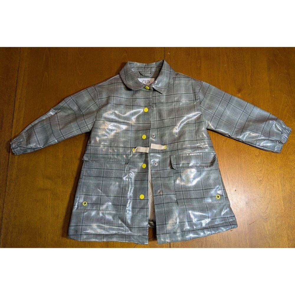 ZARA Baby Girls Plaid Raincoat Jacket Glossy Coated Fleece Lined Gray Yellow 2-3